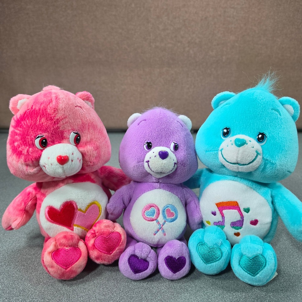 Care Bears Plush Lot Kids 8in Pink Purple Blue Excellent Tie Dye Musical Note